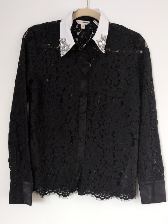 Koton Tops - Black Lace Button-Down Shirt with Embellished White Collar